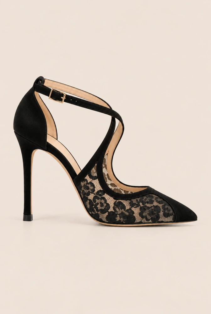 Chiari – décolleté in suede nero con inserto in pizzo